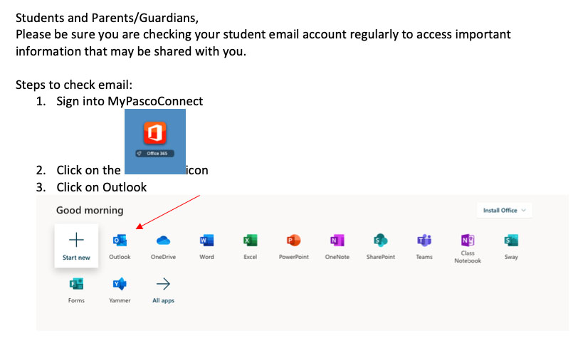 Instructions to check student Outlook email account